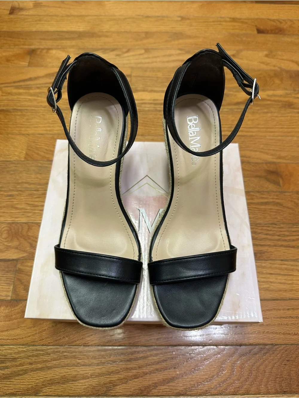 Bella Marie Black Espadrille Wedges with Ankle Strap